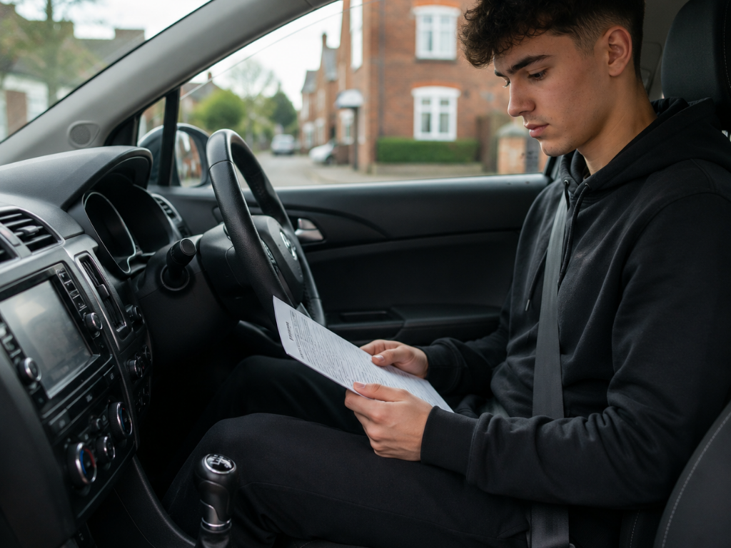 Young learner driver sitting in a right-hand-drive car, reading paperwork before taking a practical driving test in the UK.